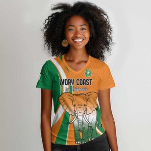 Custom Ivory Coast Football Women V-Neck T-Shirt Les Elephants Spirit LT18