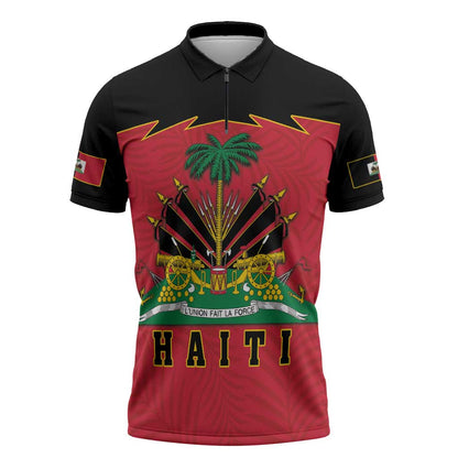 Personalized Afro-Haitians 1964 Zipper Polo Shirt Coat Of Arms Flag Style