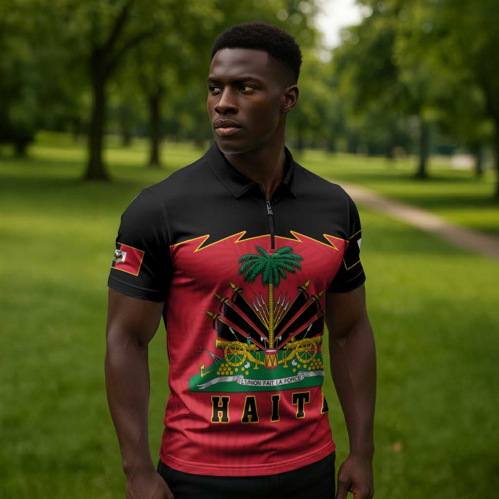 Personalized Afro-Haitians 1964 Zipper Polo Shirt Coat Of Arms Flag Style