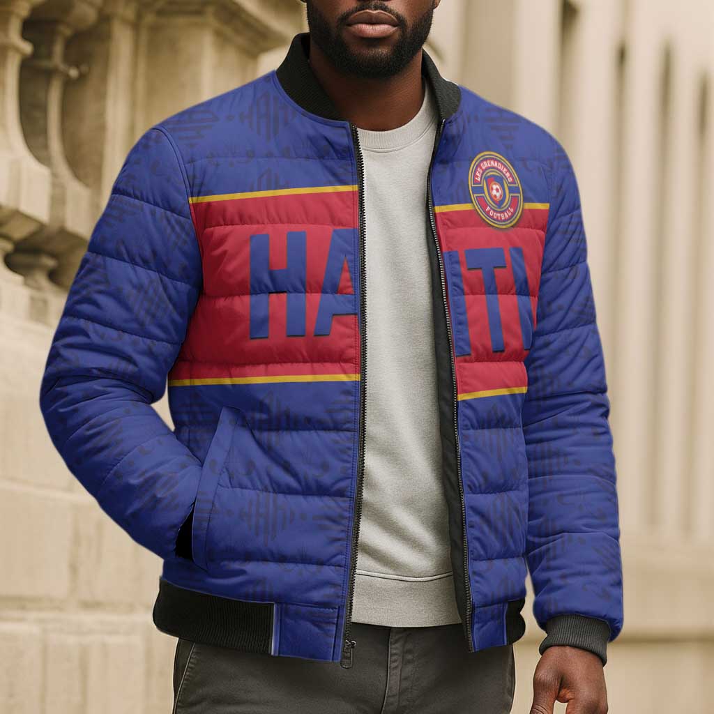 Custom Afro Haiti Football Bomber Puffer Jacket Le Rouge et Bleu Sporty Style