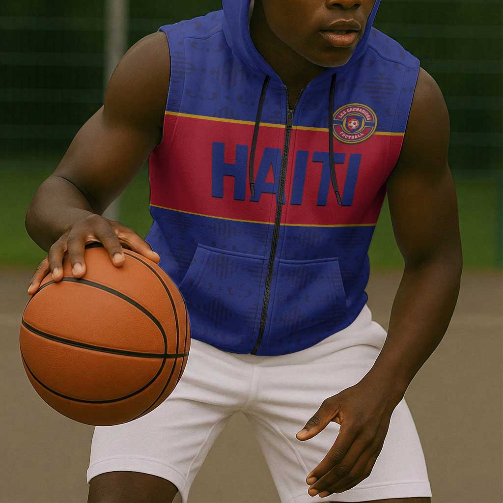 Custom Afro Haiti Football Sleeveless Zip Hoodie Le Rouge et Bleu Sporty Style - African Pride