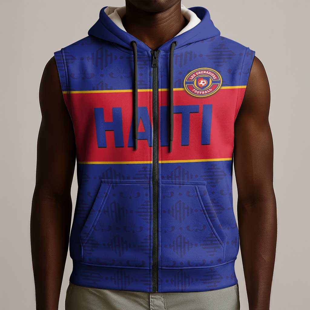 Custom Afro Haiti Football Sleeveless Zip Hoodie Le Rouge et Bleu Sporty Style - African Pride