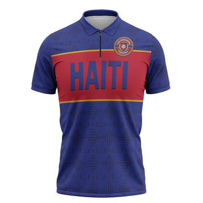 Custom Afro Haiti Football Zipper Polo Shirt Le Rouge et Bleu Sporty Style