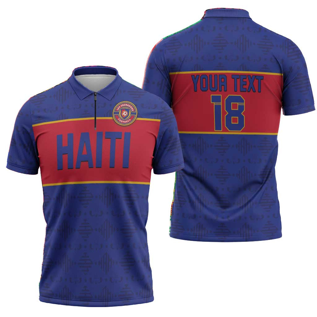 Custom Afro Haiti Football Zipper Polo Shirt Le Rouge et Bleu Sporty Style