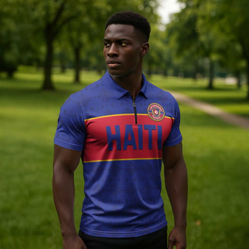Custom Afro Haiti Football Zipper Polo Shirt Le Rouge et Bleu Sporty Style