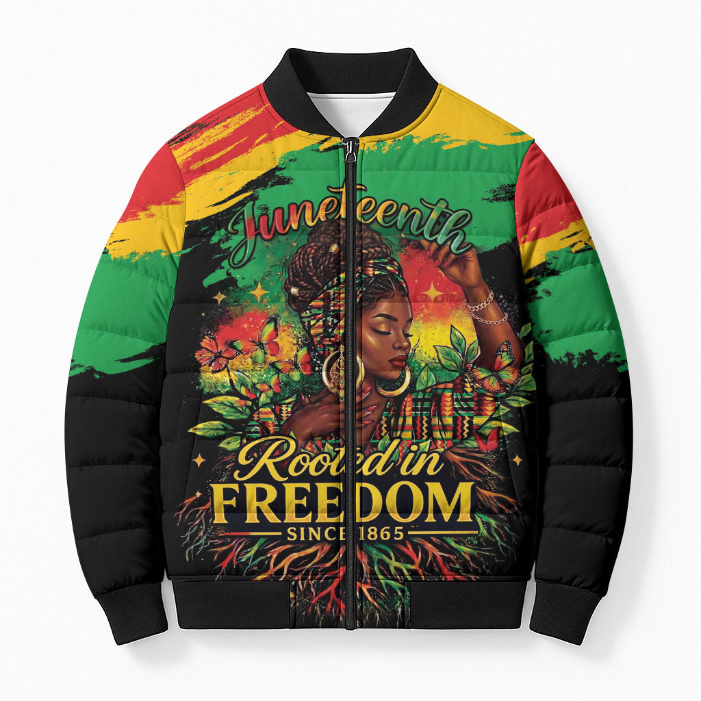 Juneteenth Rooted in Freedom Bomber Puffer Jacket Black Pride African Queen