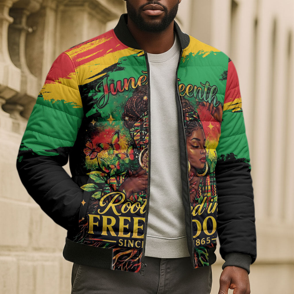 Juneteenth Rooted in Freedom Bomber Puffer Jacket Black Pride African Queen