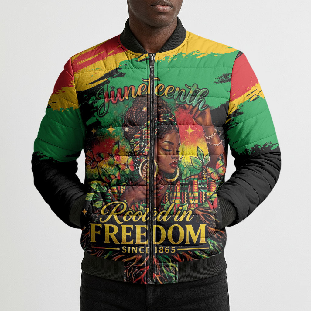 Juneteenth Rooted in Freedom Bomber Puffer Jacket Black Pride African Queen