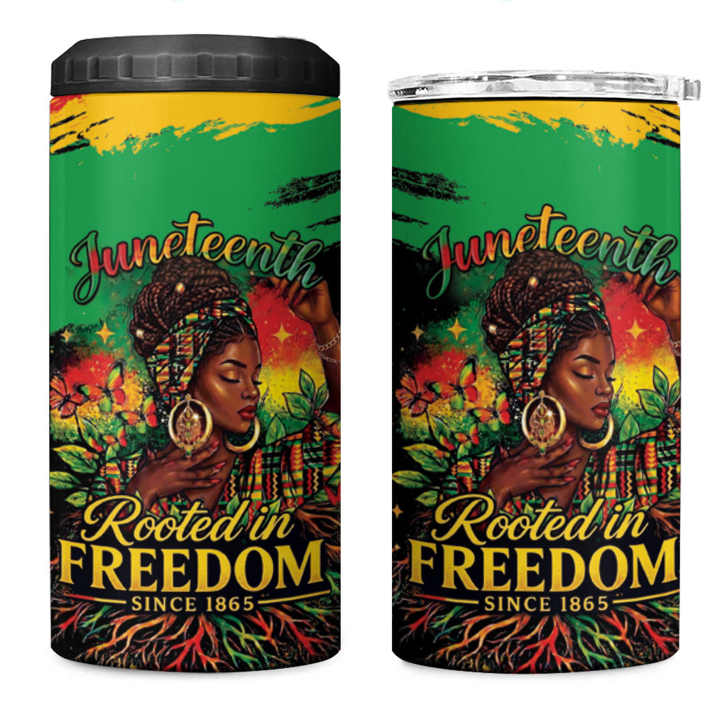 Juneteenth Rooted in Freedom 4 in 1 Can Cooler Tumbler Black Pride African Queen