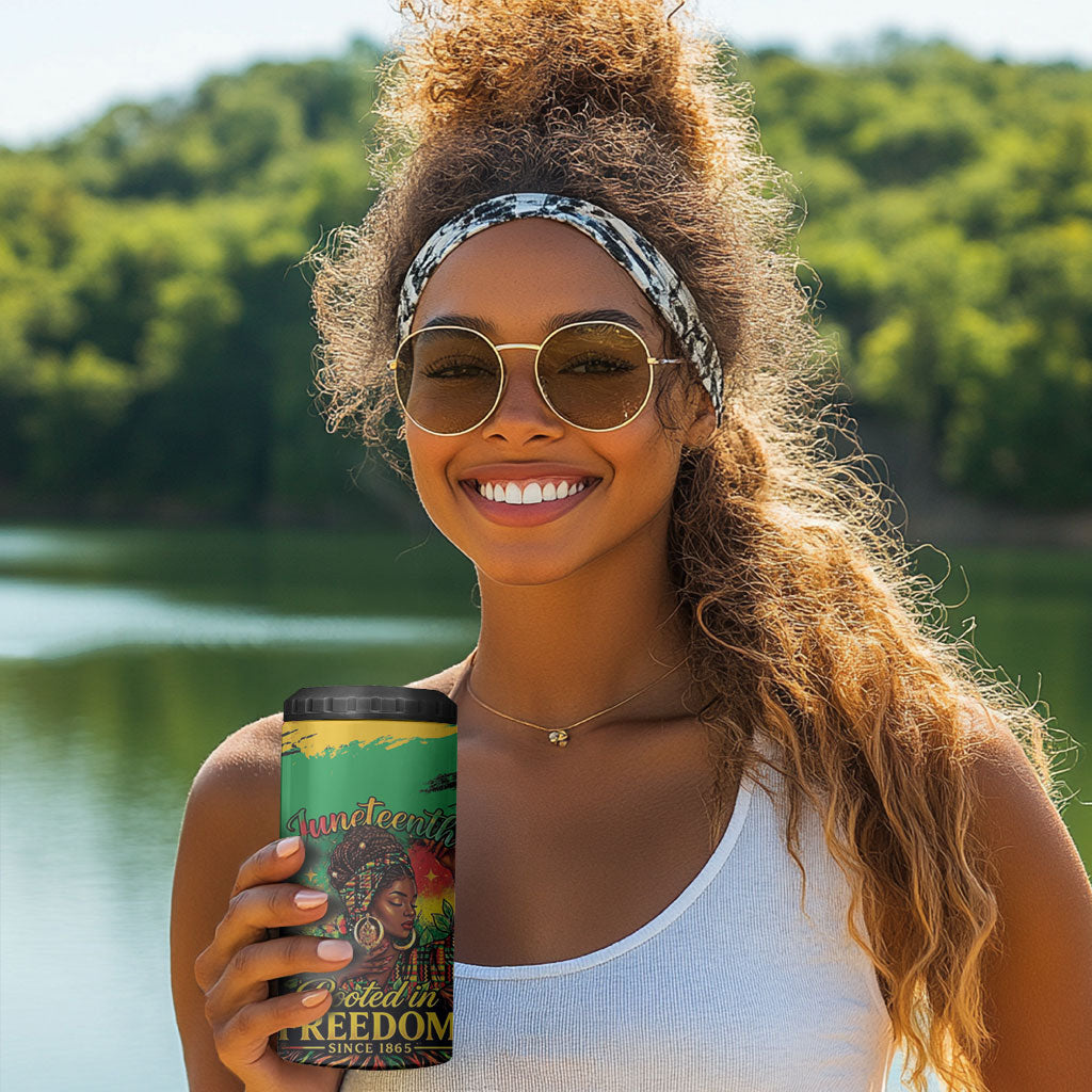 Juneteenth Rooted in Freedom 4 in 1 Can Cooler Tumbler Black Pride African Queen