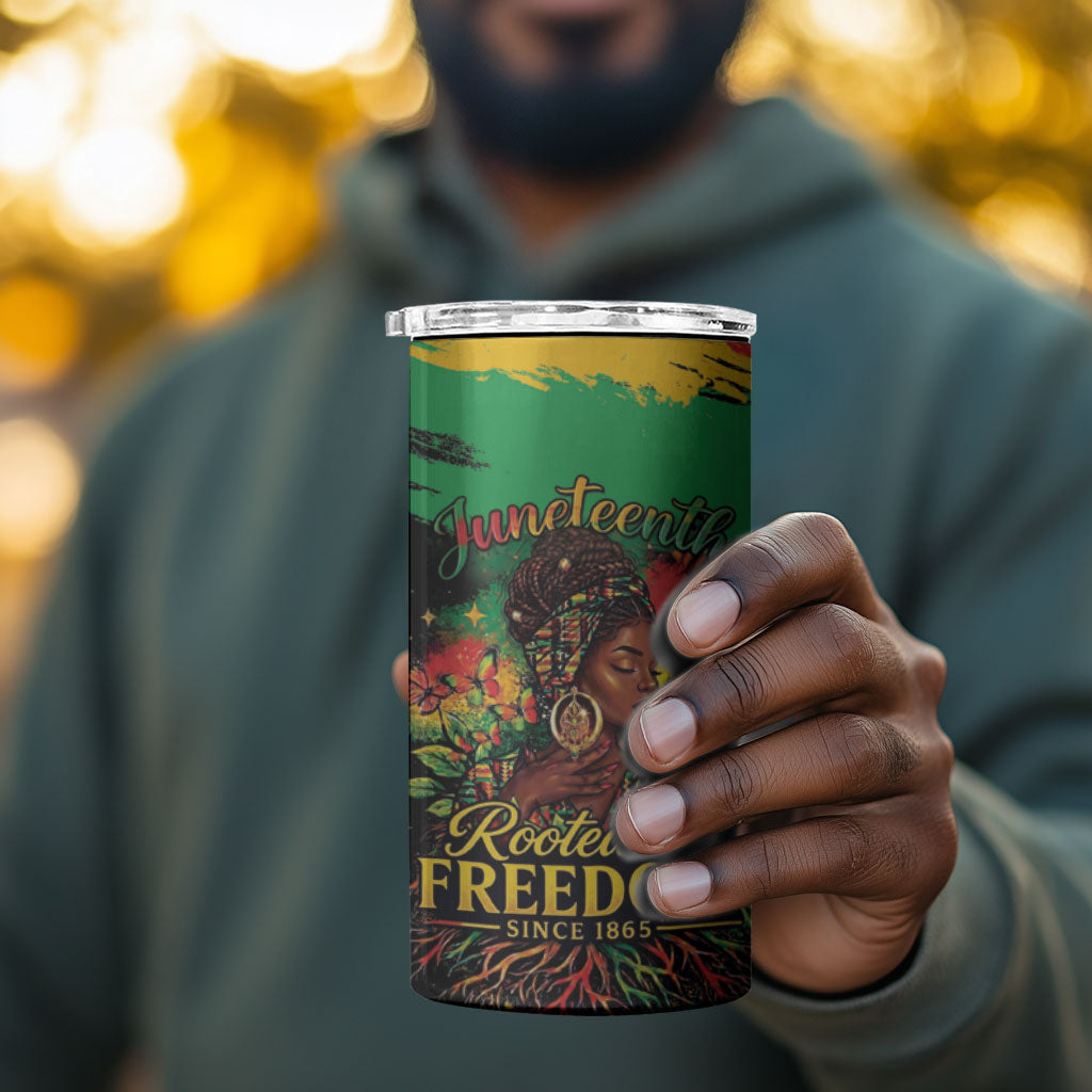 Juneteenth Rooted in Freedom 4 in 1 Can Cooler Tumbler Black Pride African Queen
