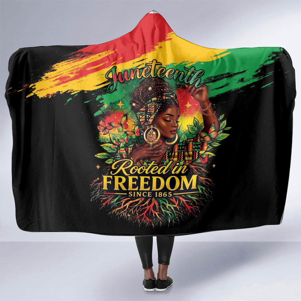 Juneteenth Rooted in Freedom Hooded Blanket Black Pride African Queen