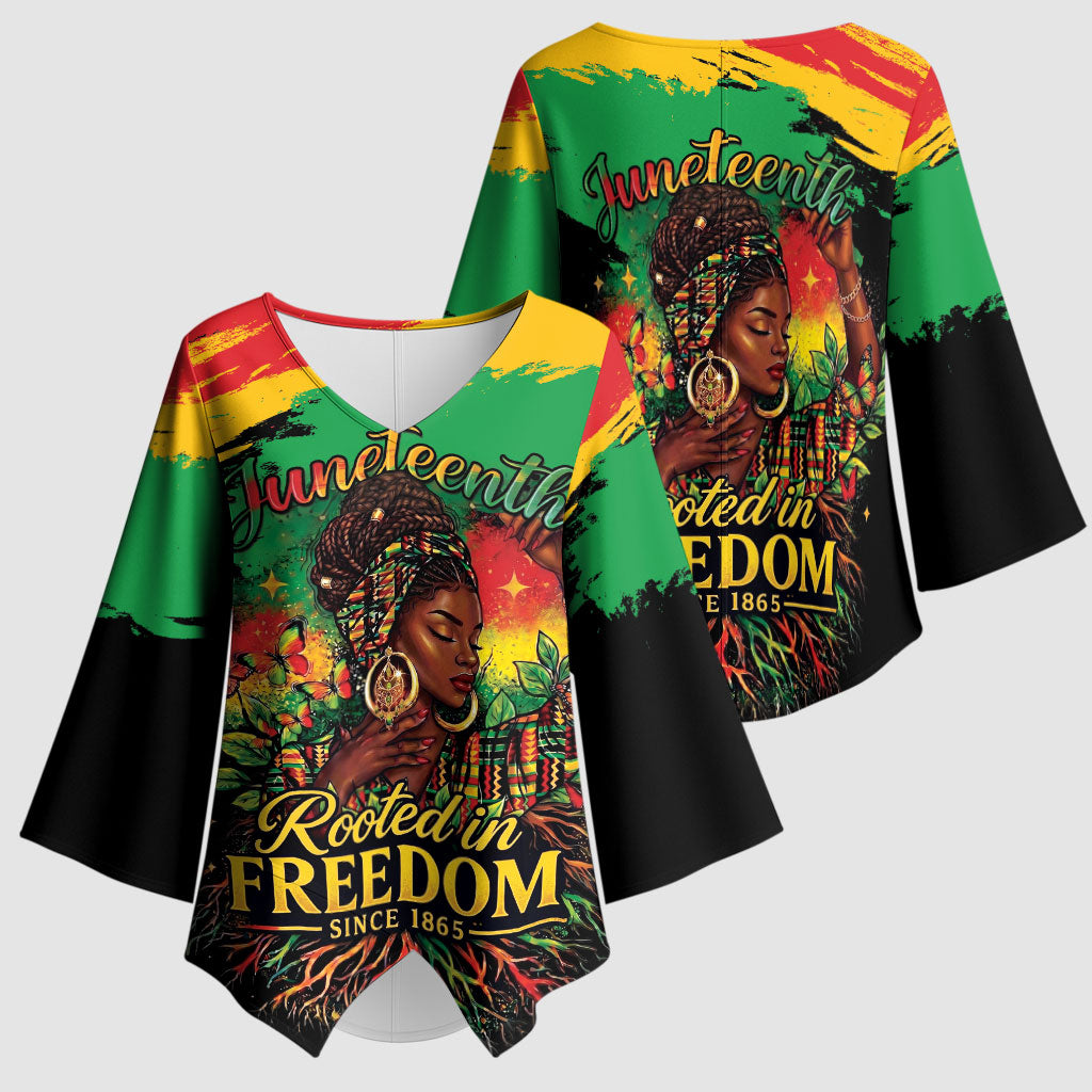 Juneteenth Rooted in Freedom Kimono Sleeve Blouse Black Pride African Queen