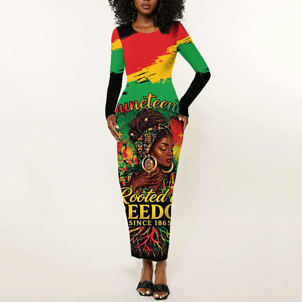 Juneteenth Rooted in Freedom Long Sleeve Bodycon Dress Black Pride African Queen