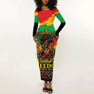 Juneteenth Rooted in Freedom Long Sleeve Bodycon Dress Black Pride African Queen