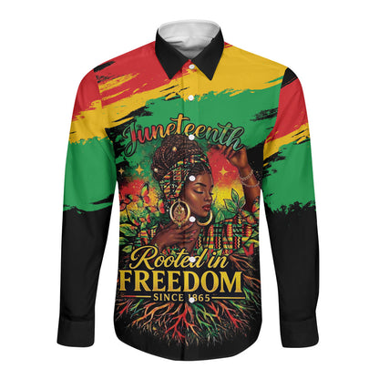 Juneteenth Rooted in Freedom Long Sleeve Button Shirt Black Pride African Queen