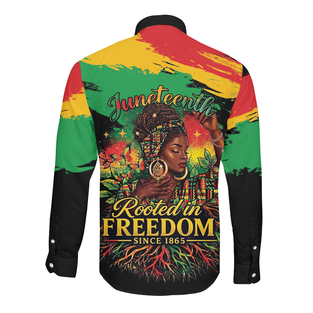 Juneteenth Rooted in Freedom Long Sleeve Button Shirt Black Pride African Queen