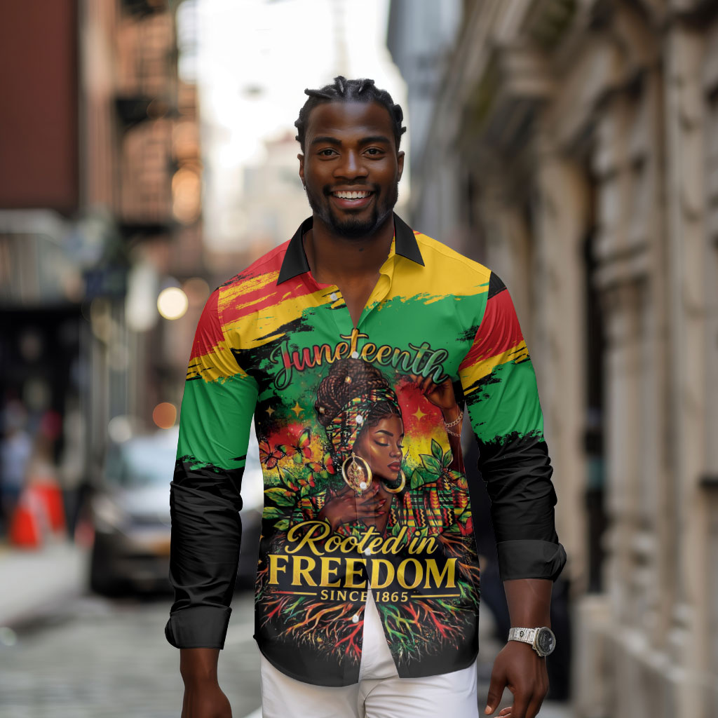Juneteenth Rooted in Freedom Long Sleeve Button Shirt Black Pride African Queen