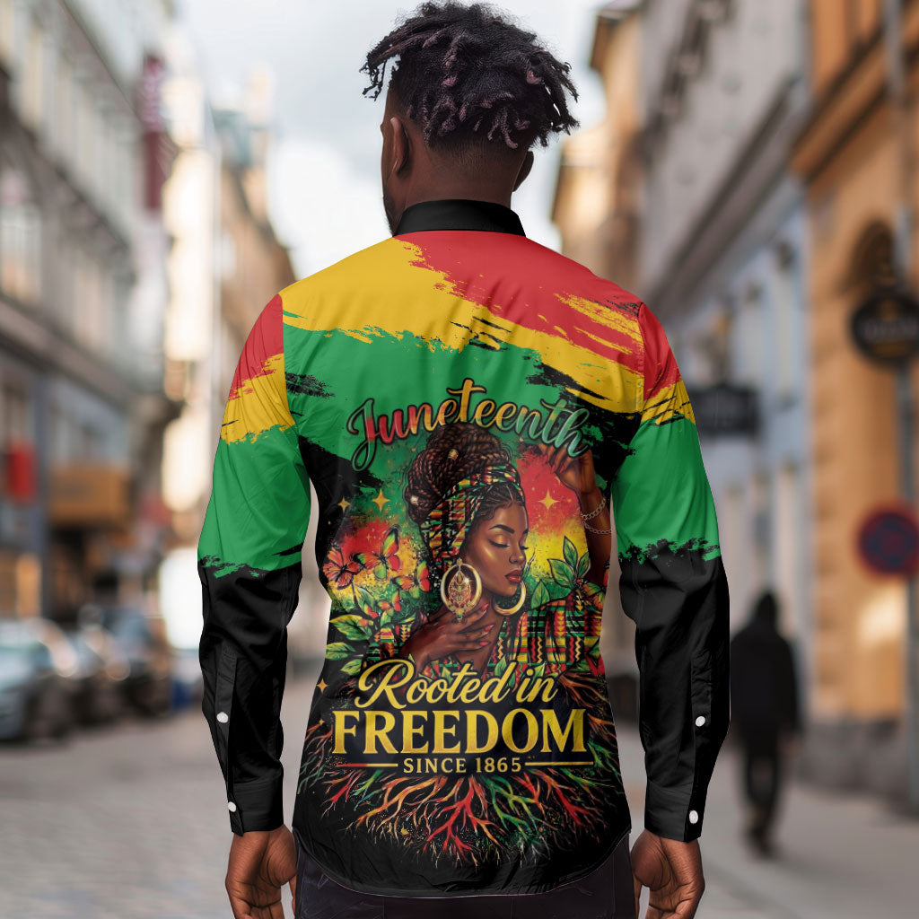 Juneteenth Rooted in Freedom Long Sleeve Button Shirt Black Pride African Queen
