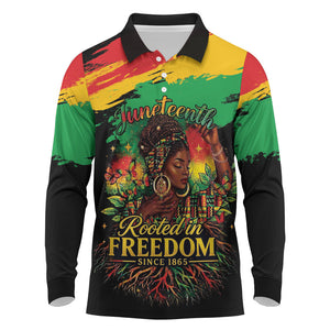 Juneteenth Rooted in Freedom Long Sleeve Polo Shirt Black Pride African Queen