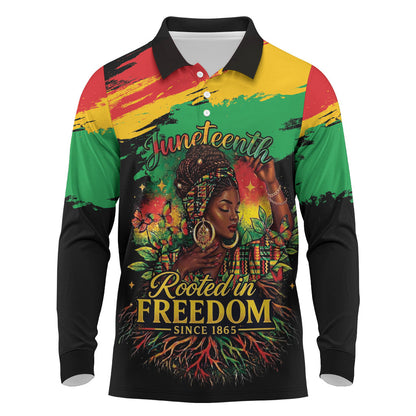 Juneteenth Rooted in Freedom Long Sleeve Polo Shirt Black Pride African Queen