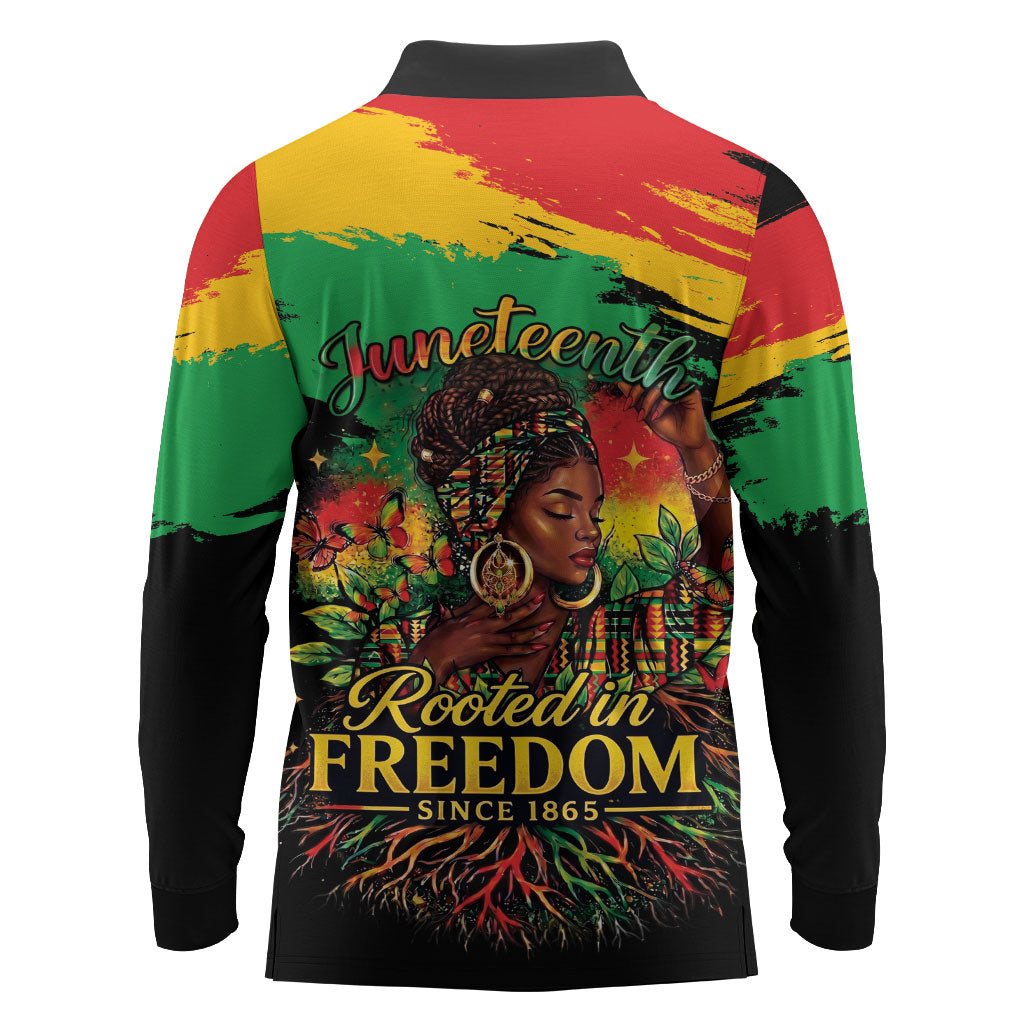 Juneteenth Rooted in Freedom Long Sleeve Polo Shirt Black Pride African Queen