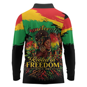 Juneteenth Rooted in Freedom Long Sleeve Polo Shirt Black Pride African Queen