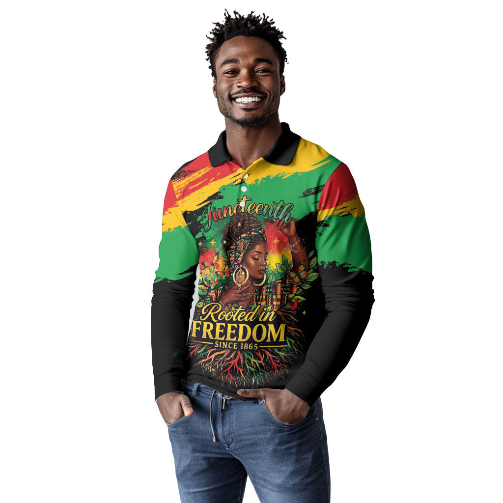 Juneteenth Rooted in Freedom Long Sleeve Polo Shirt Black Pride African Queen