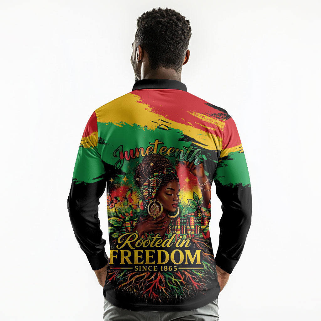 Juneteenth Rooted in Freedom Long Sleeve Polo Shirt Black Pride African Queen