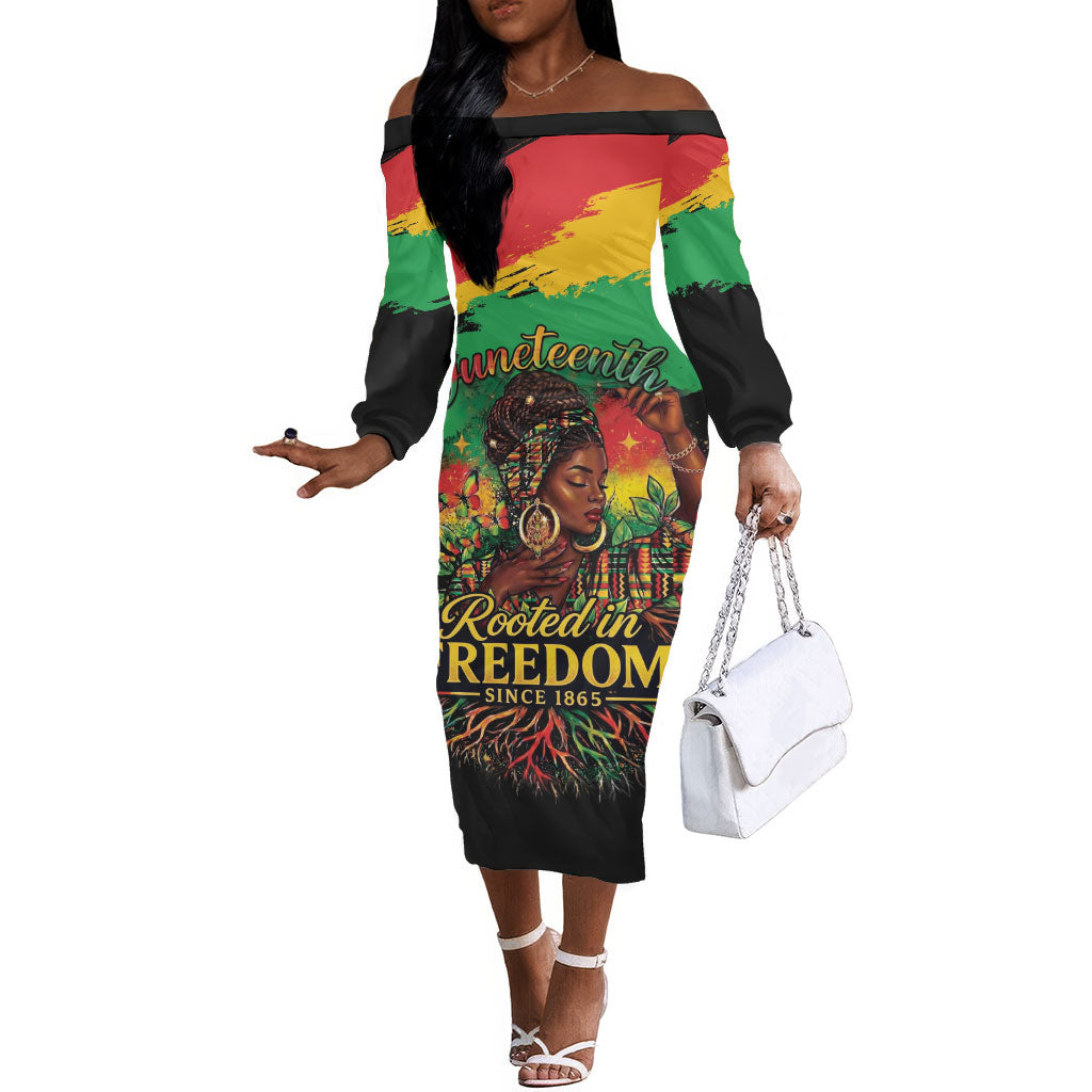 Juneteenth Rooted in Freedom Off The Shoulder Long Sleeve Dress Black Pride African Queen