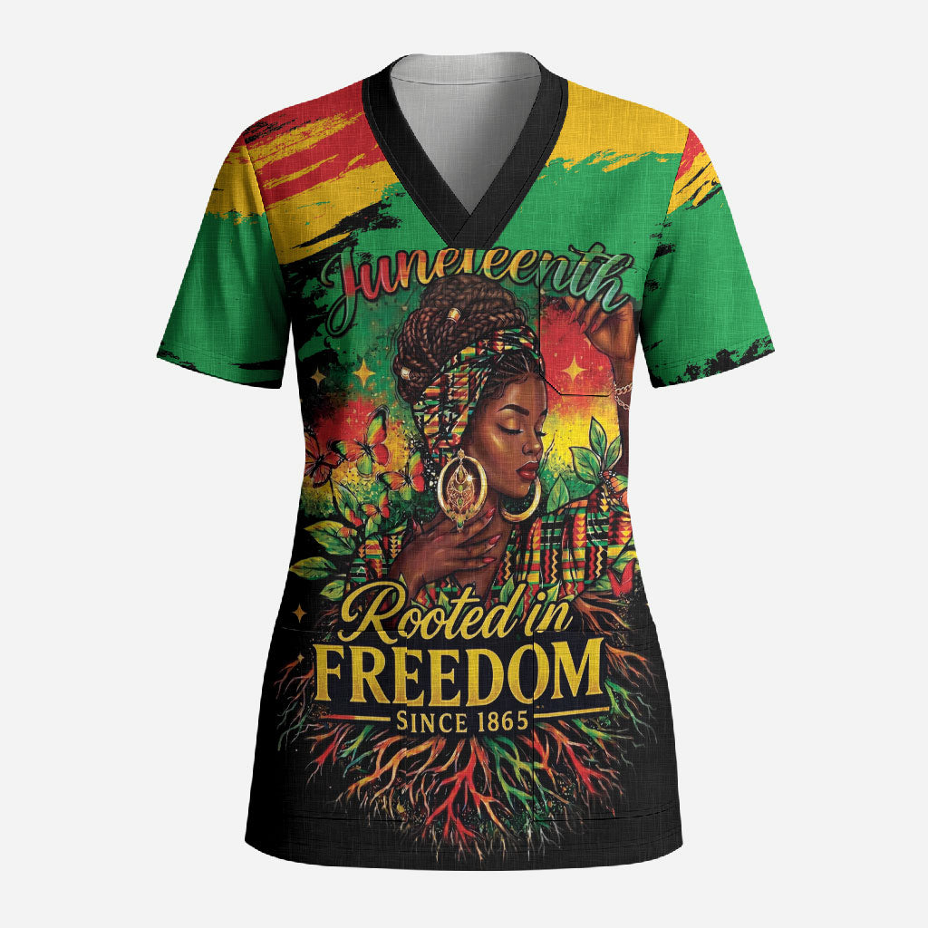 Juneteenth Rooted in Freedom Scrub Top Black Pride African Queen