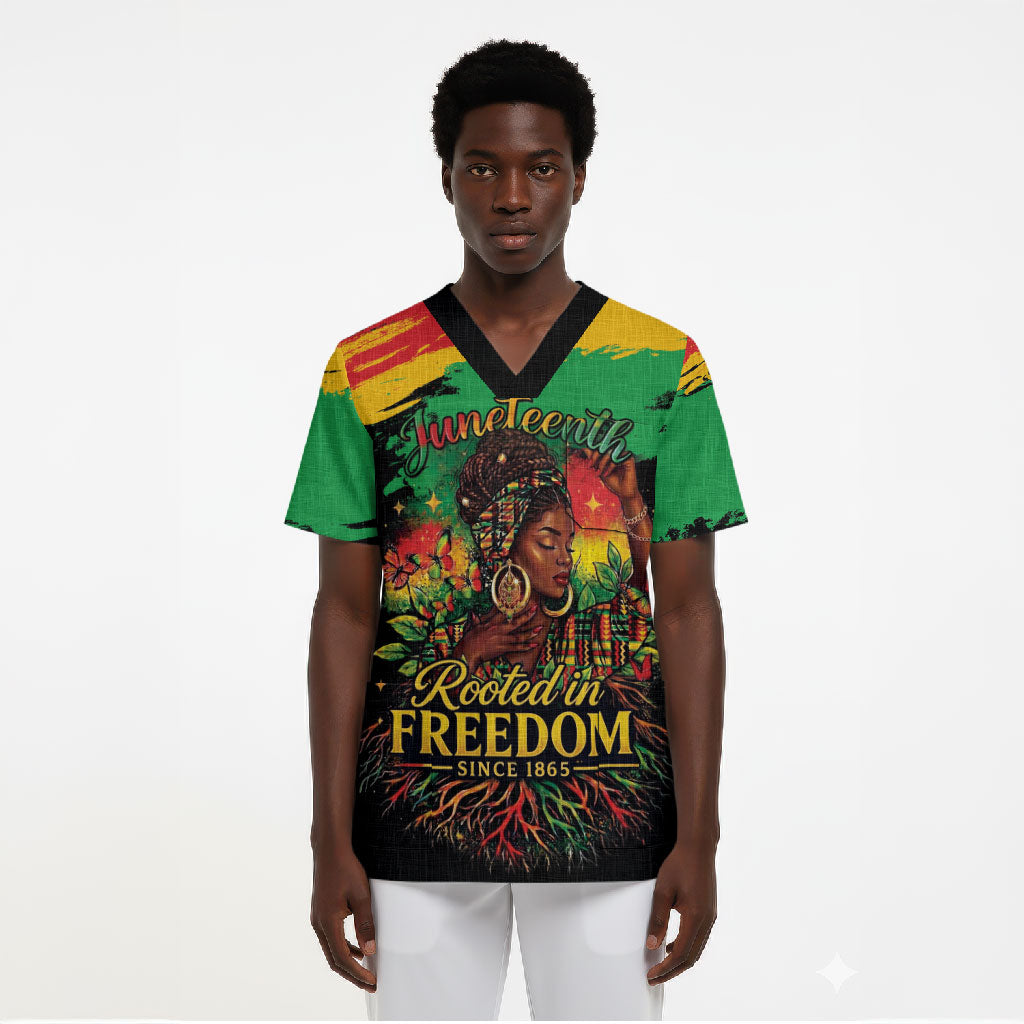 Juneteenth Rooted in Freedom Scrub Top Black Pride African Queen