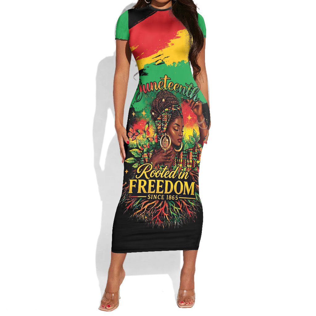 Juneteenth Rooted in Freedom Short Sleeve Bodycon Dress Black Pride African Queen