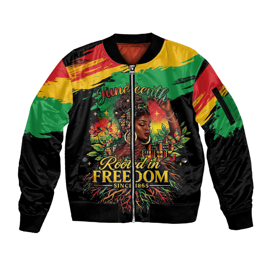 Juneteenth Rooted in Freedom Sleeve Zip Bomber Jacket Black Pride African Queen
