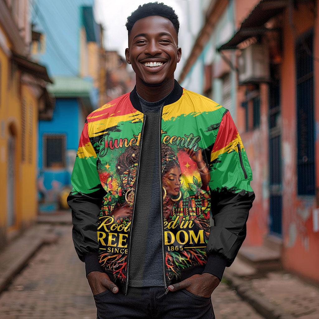 Juneteenth Rooted in Freedom Sleeve Zip Bomber Jacket Black Pride African Queen