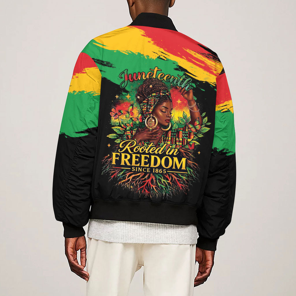 Juneteenth Rooted in Freedom Sleeve Zip Bomber Jacket Black Pride African Queen