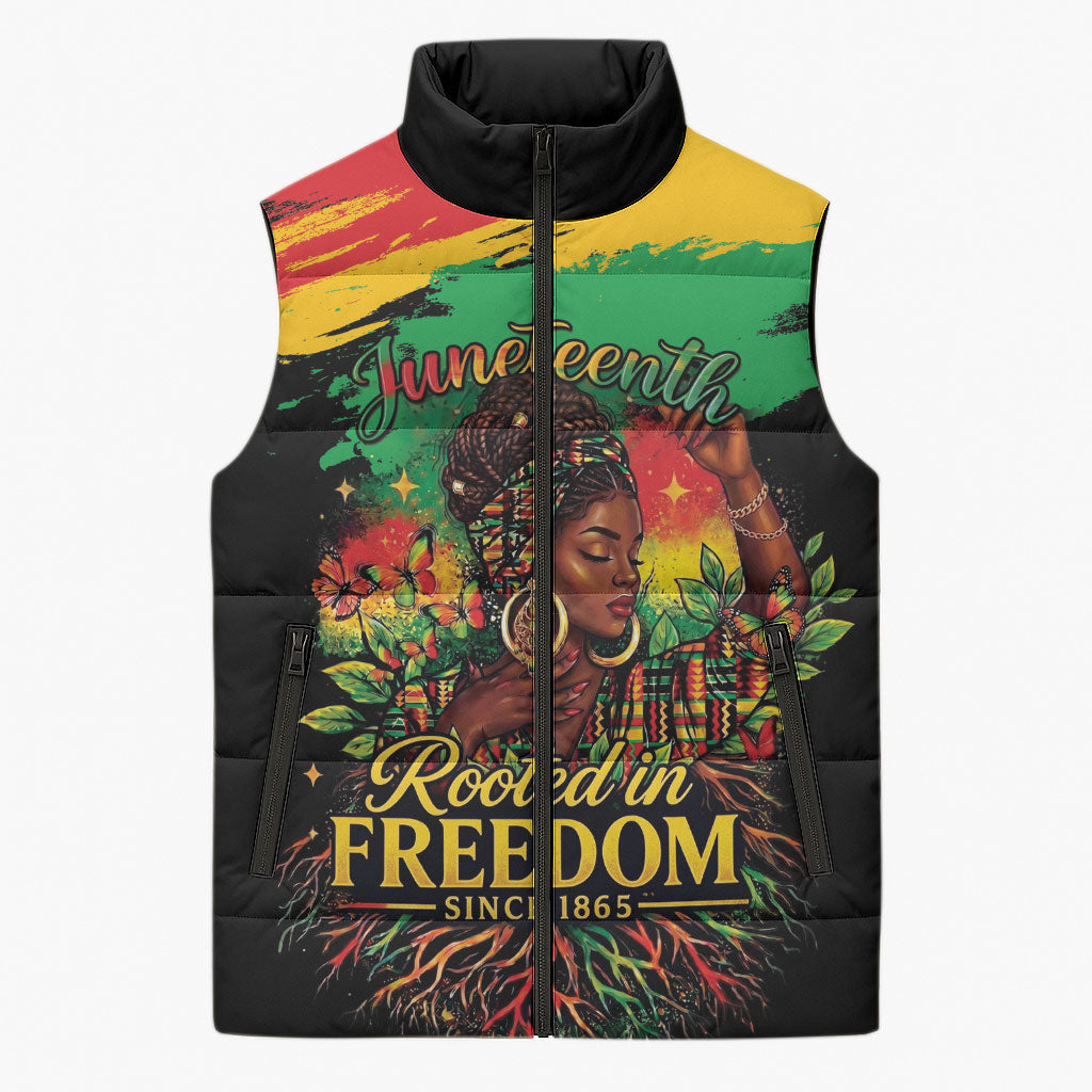 Juneteenth Rooted in Freedom Sleeveless Puffer Jacket Black Pride African Queen