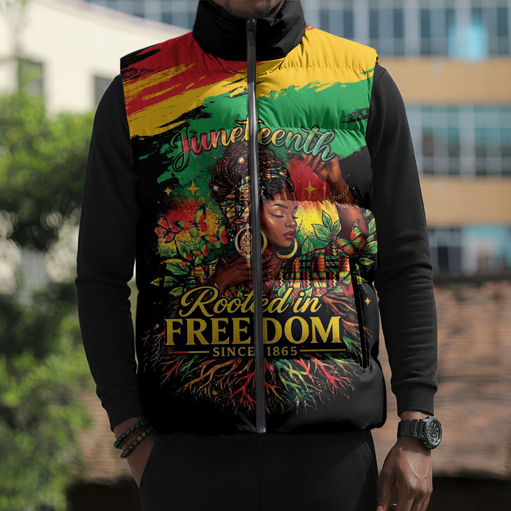 Juneteenth Rooted in Freedom Sleeveless Puffer Jacket Black Pride African Queen