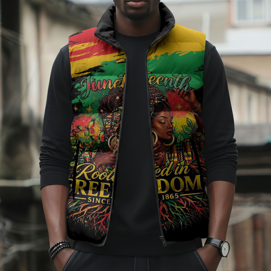 Juneteenth Rooted in Freedom Sleeveless Puffer Jacket Black Pride African Queen