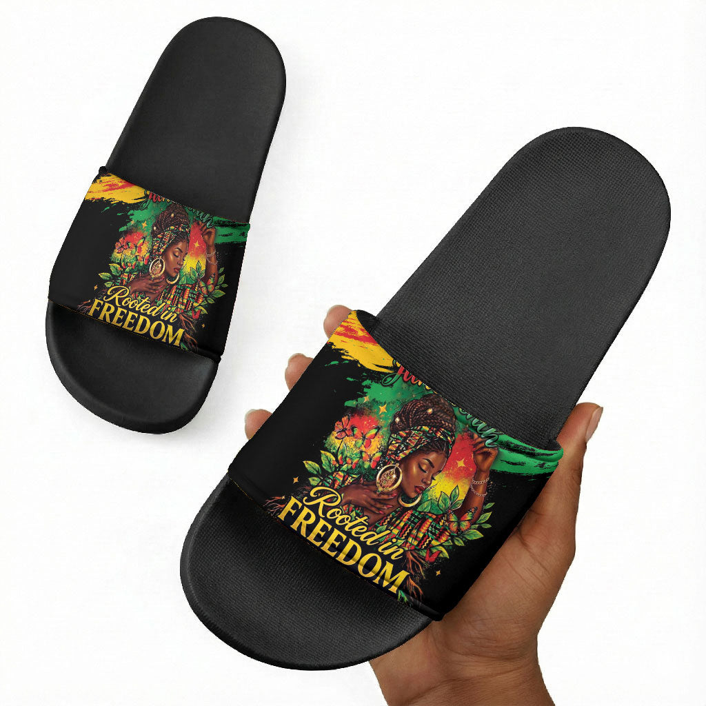 Juneteenth Rooted in Freedom Slide Sandals Black Pride African Queen