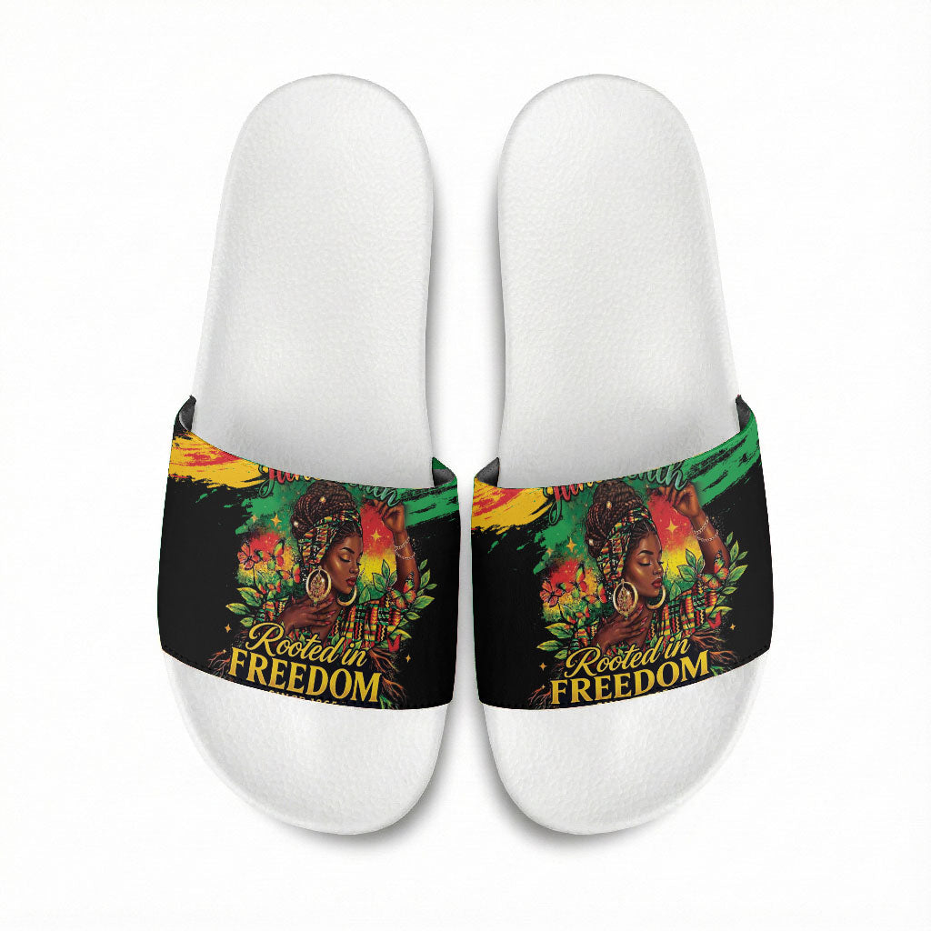 Juneteenth Rooted in Freedom Slide Sandals Black Pride African Queen