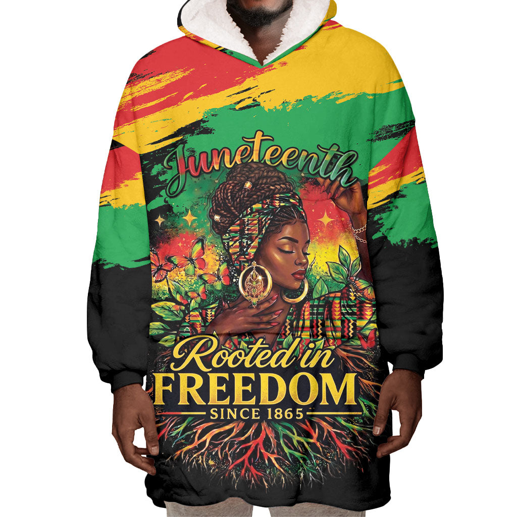 Juneteenth Rooted in Freedom Wearable Blanket Hoodie Black Pride African Queen