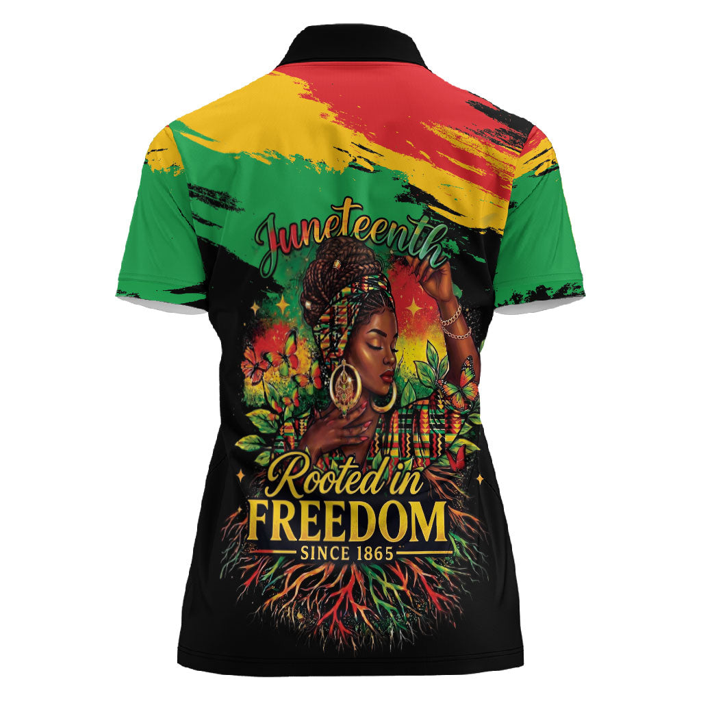 Juneteenth Rooted in Freedom Women Polo Shirt Black Pride African Queen