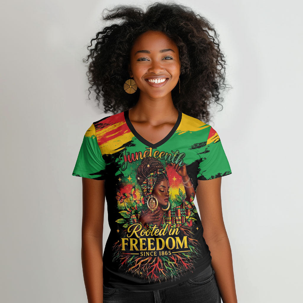Juneteenth Rooted in Freedom Women V-Neck T-Shirt Black Pride African Queen