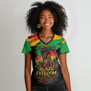Juneteenth Rooted in Freedom Women V-Neck T-Shirt Black Pride African Queen