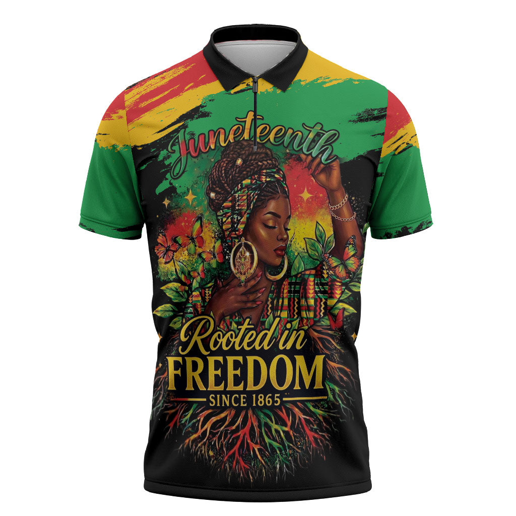 Juneteenth Rooted in Freedom Zipper Polo Shirt Black Pride African Queen
