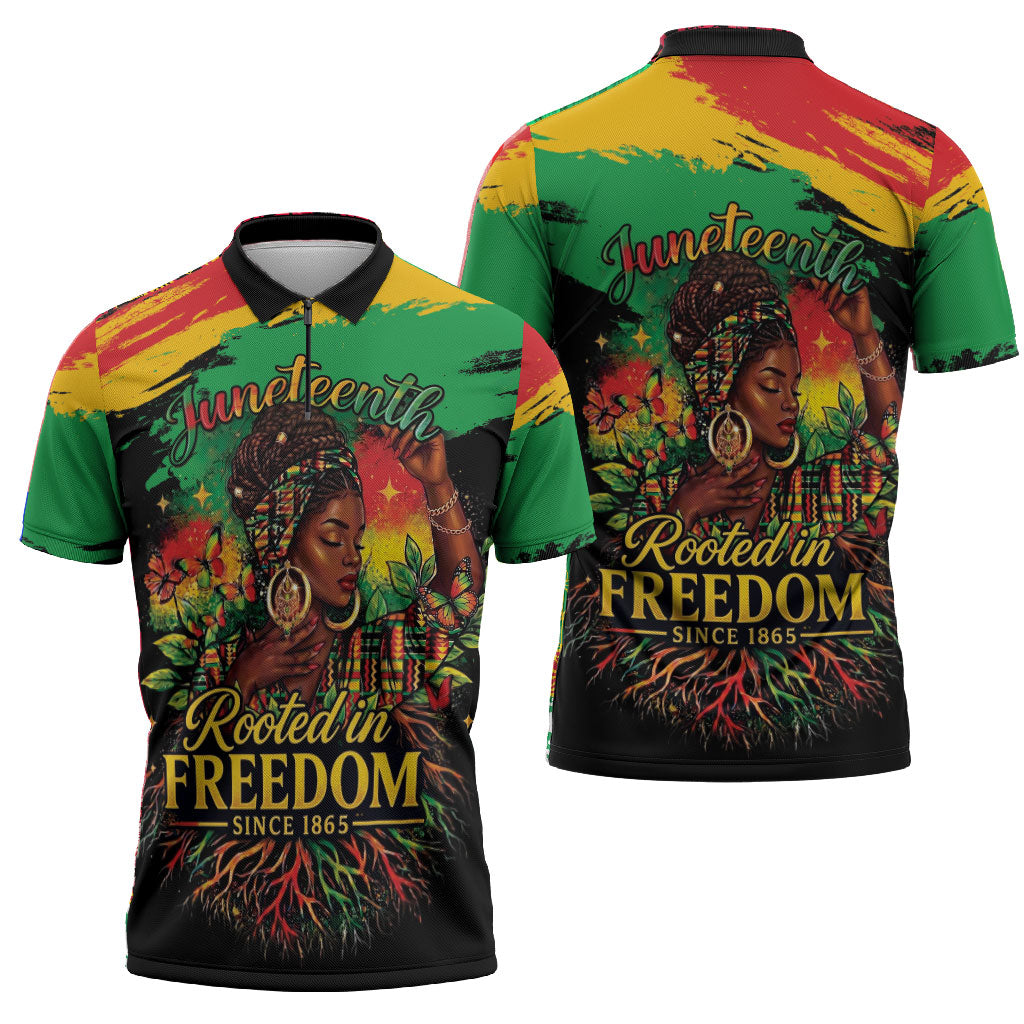Juneteenth Rooted in Freedom Zipper Polo Shirt Black Pride African Queen
