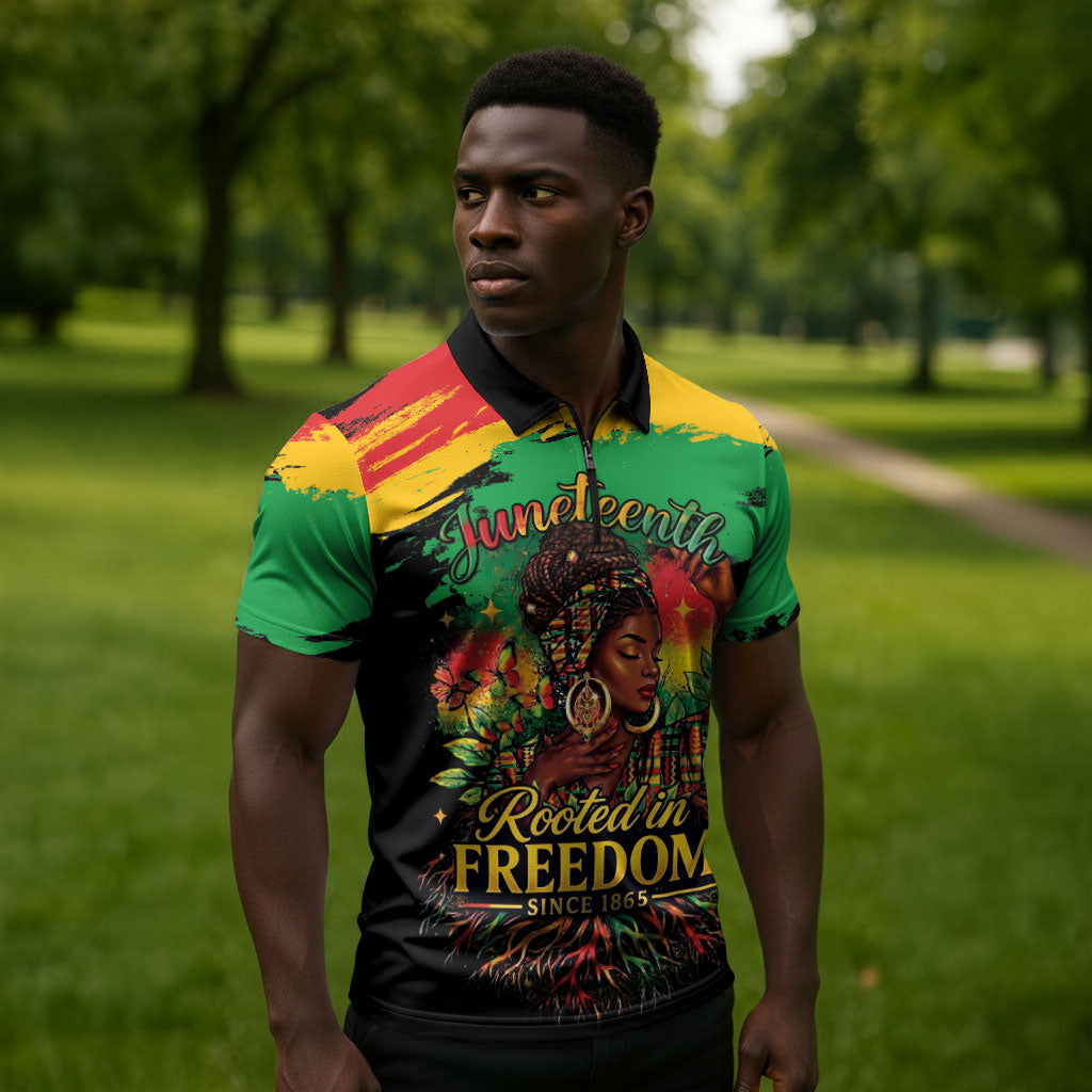 Juneteenth Rooted in Freedom Zipper Polo Shirt Black Pride African Queen