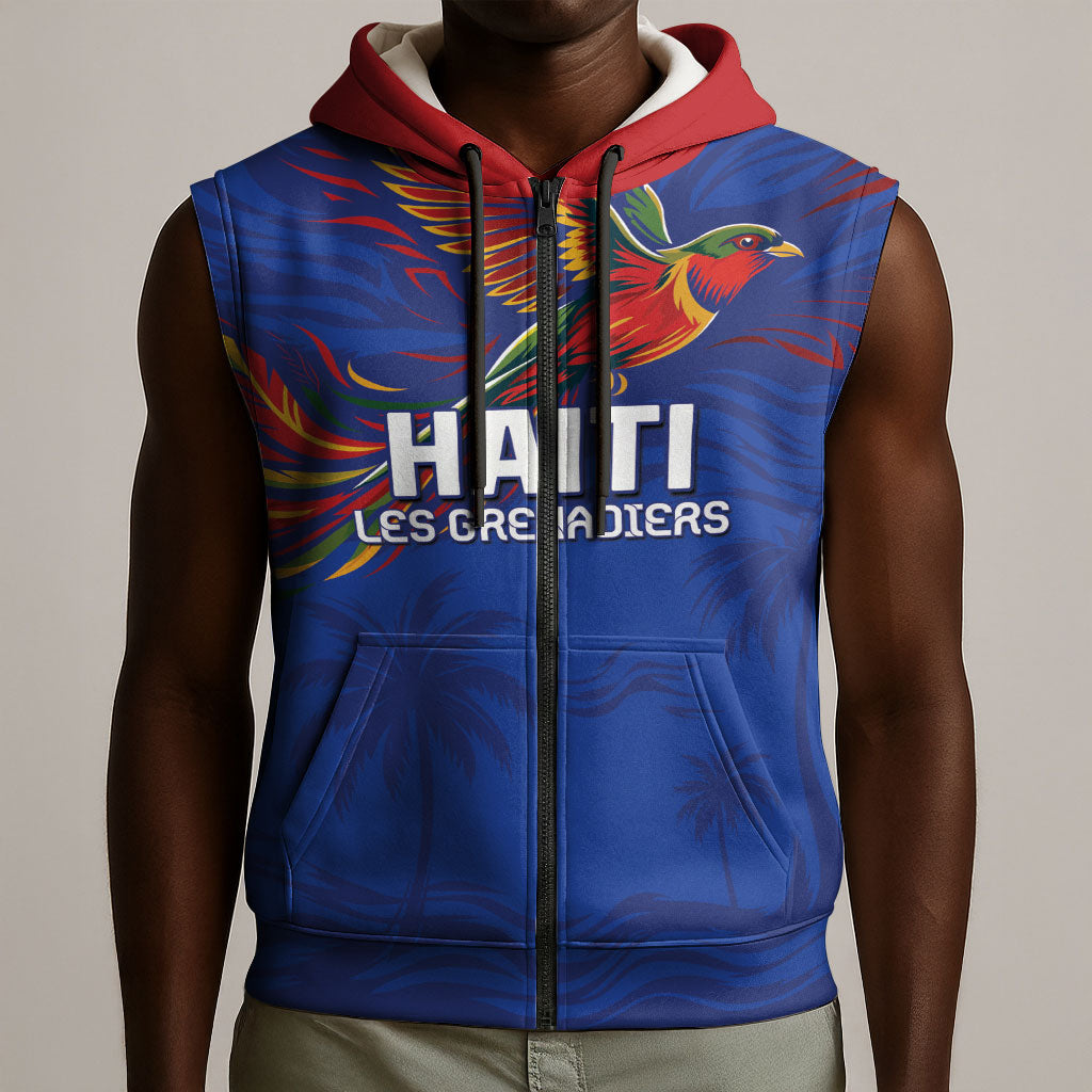 Haiti Heritage Football 2026 Custom Sleeveless Zip Hoodie Hispaniolan Trogon Bird