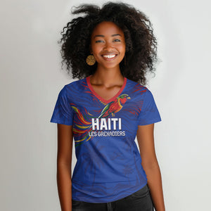 Haiti Heritage Football 2026 Custom Women V-Neck T-Shirt Hispaniolan Trogon Bird